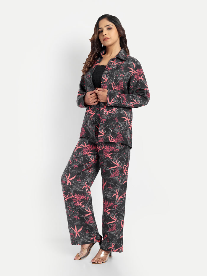 Women’s black printed Freya jacket CB set with long sleeve jacket and matching wide-leg pants