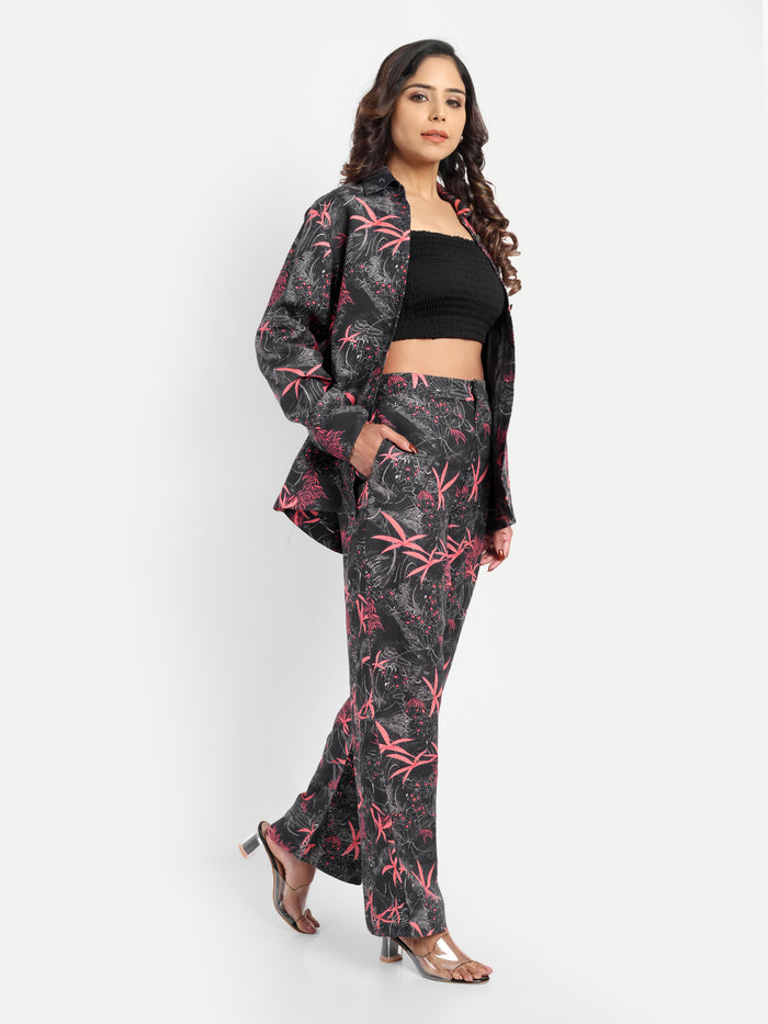 Women’s black printed Freya jacket CB set with long sleeve jacket and matching wide-leg pants