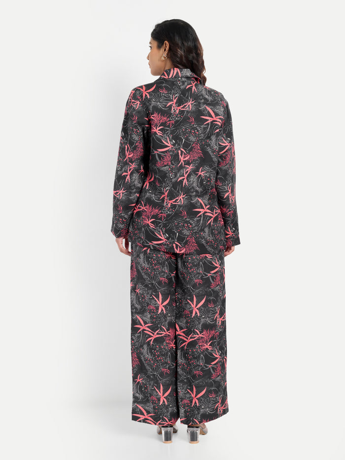 Women’s black printed Freya jacket CB set with long sleeve jacket and matching wide-leg pants