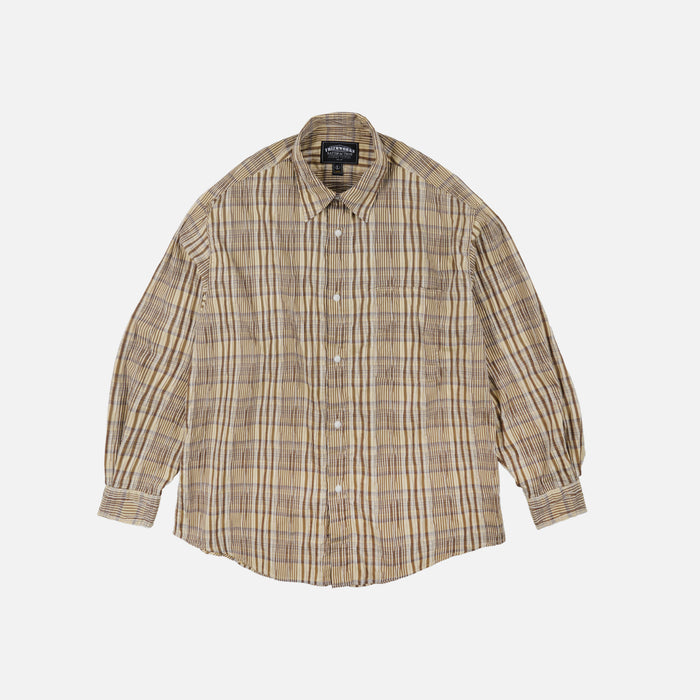 GATHERED SEERSUCKER CHECK SHIRT - BEIGE