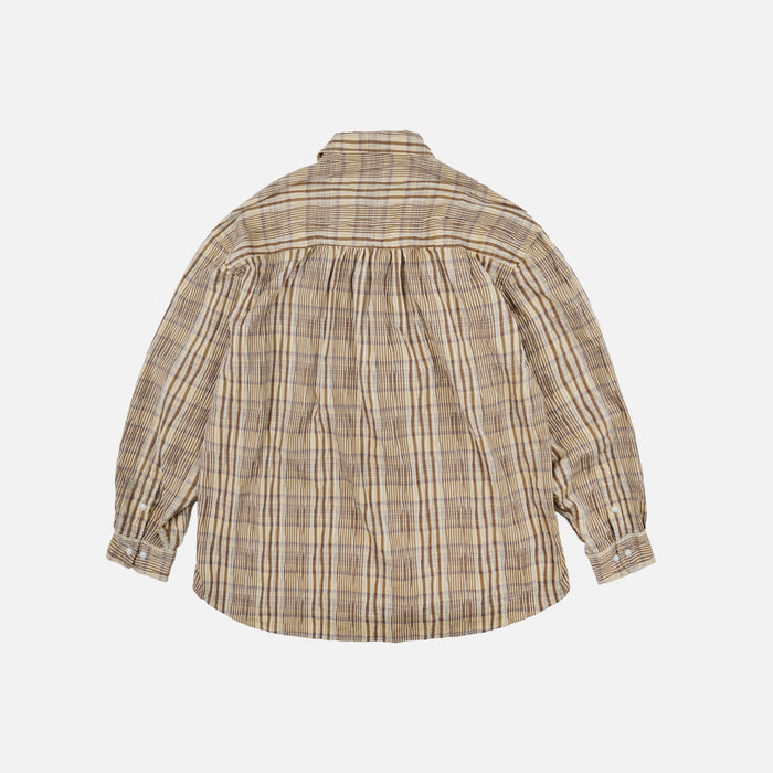 GATHERED SEERSUCKER CHECK SHIRT - BEIGE