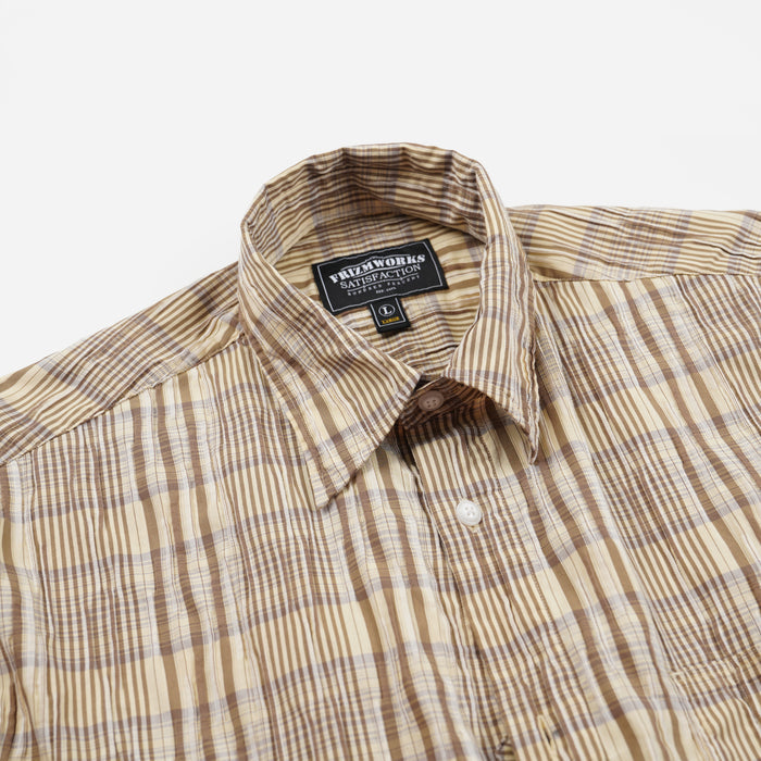 GATHERED SEERSUCKER CHECK SHIRT - BEIGE