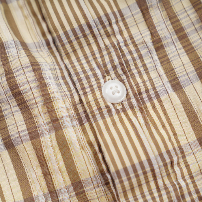 GATHERED SEERSUCKER CHECK SHIRT - BEIGE