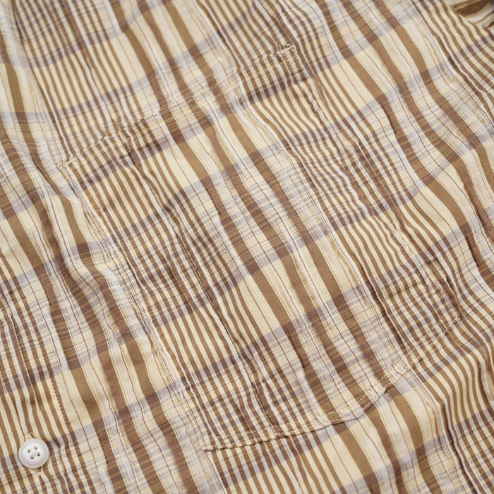 GATHERED SEERSUCKER CHECK SHIRT - BEIGE