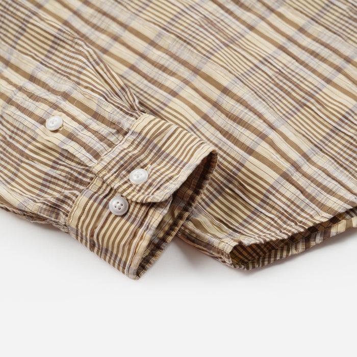 GATHERED SEERSUCKER CHECK SHIRT - BEIGE