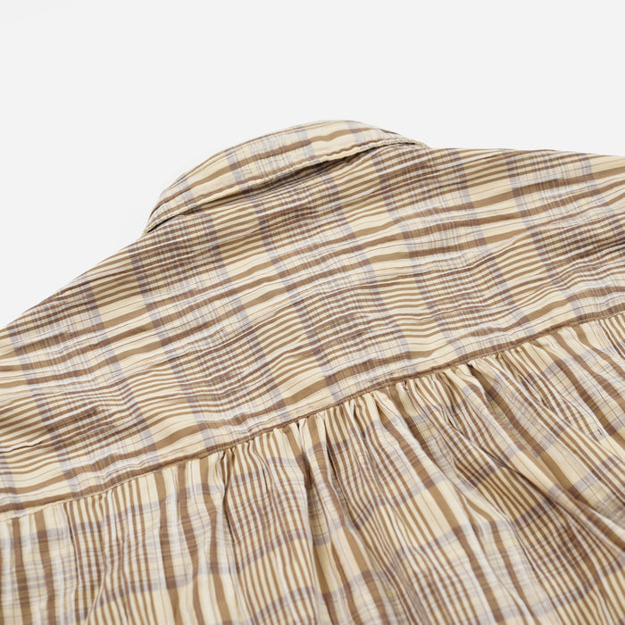 GATHERED SEERSUCKER CHECK SHIRT - BEIGE