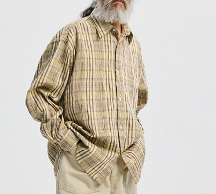 GATHERED SEERSUCKER CHECK SHIRT - BEIGE
