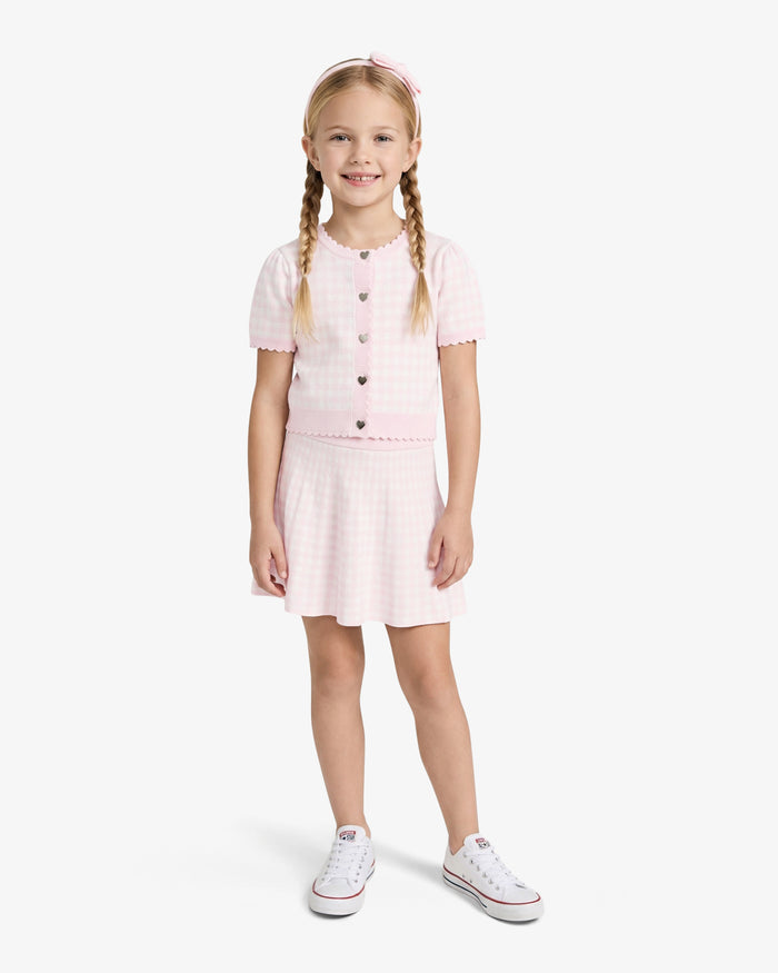 Gingham Sweater Knit Skirt Set with Headband in Pink