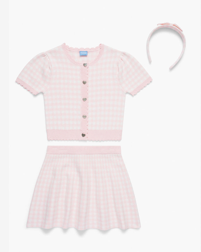 Gingham Sweater Knit Skirt Set with Headband in Pink