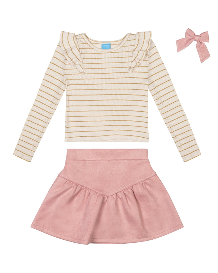 Girls' Long-Sleeve Top, Skirt And Bow Set