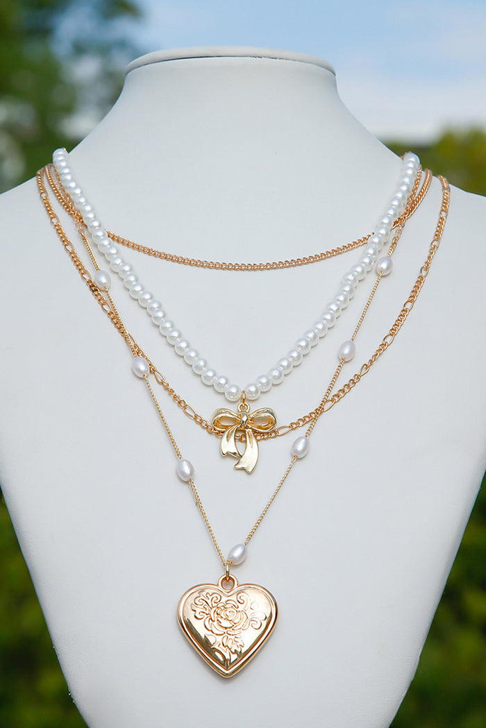 Gold Bow & Heart Pearl Layered Necklace
