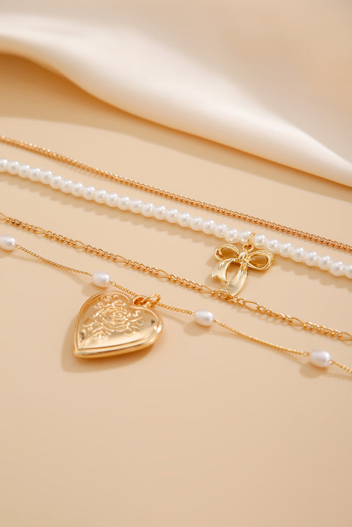 Gold Bow & Heart Pearl Layered Necklace