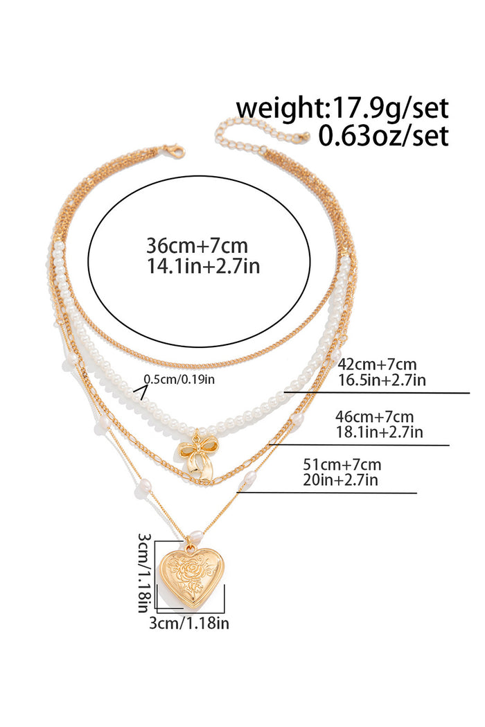 Gold Bow & Heart Pearl Layered Necklace