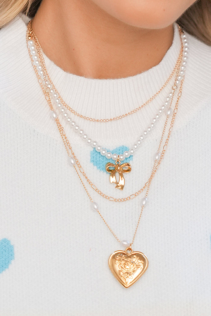 Gold Bow & Heart Pearl Layered Necklace