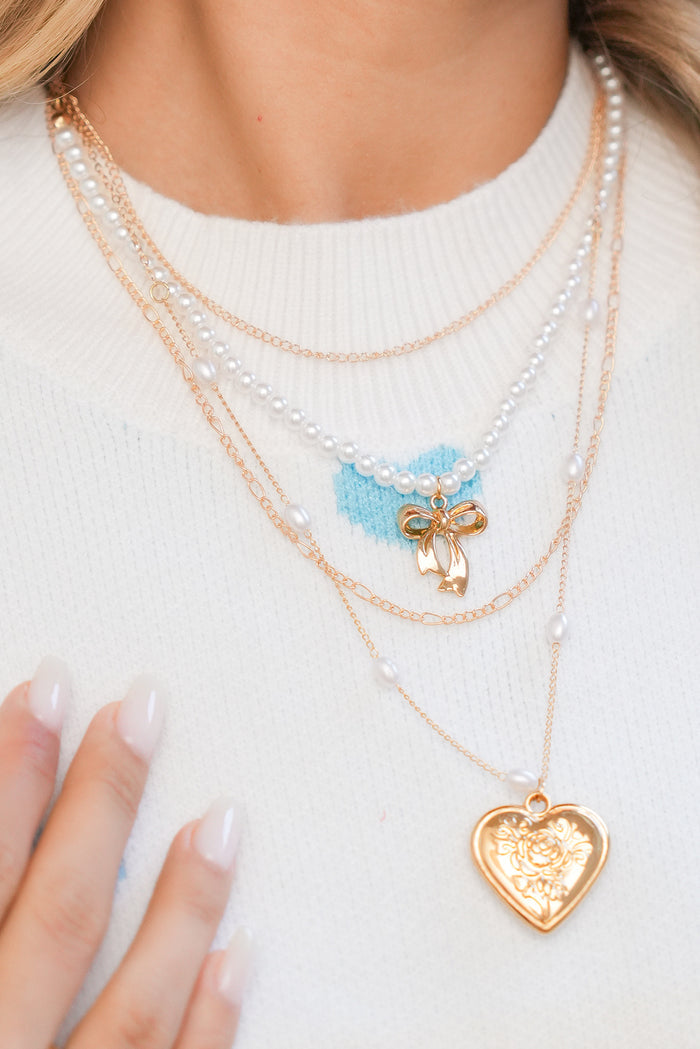 Gold Bow & Heart Pearl Layered Necklace