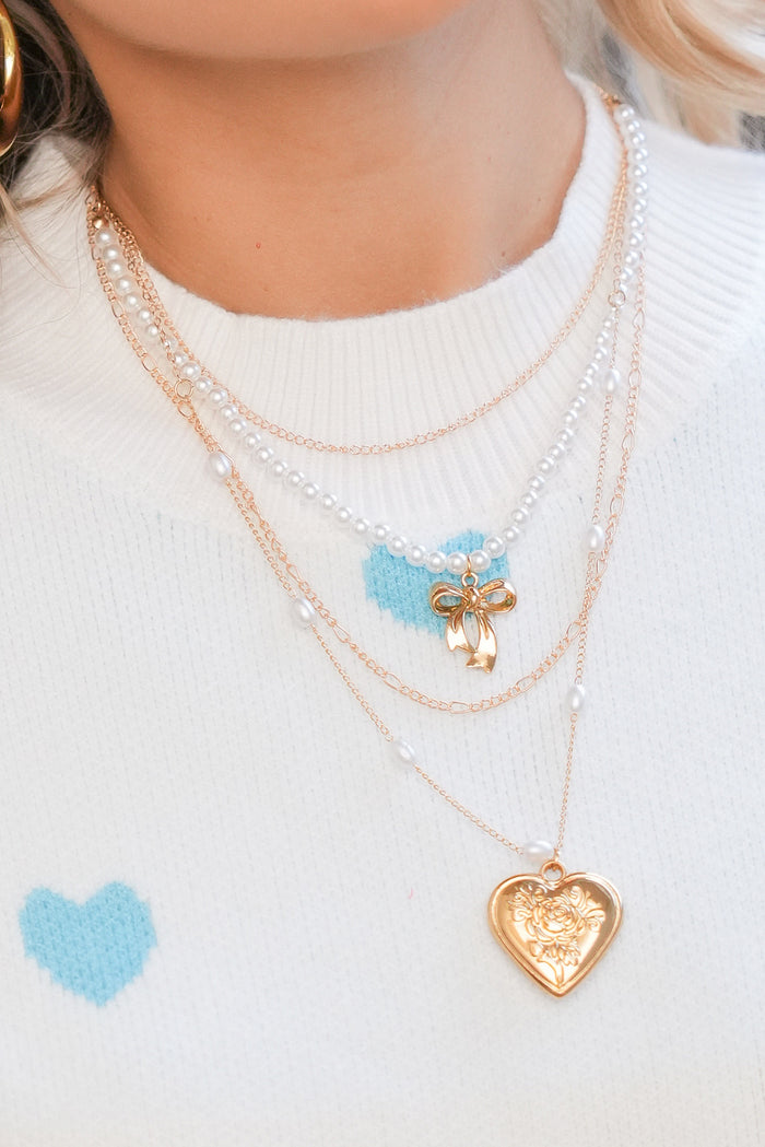 Gold Bow & Heart Pearl Layered Necklace