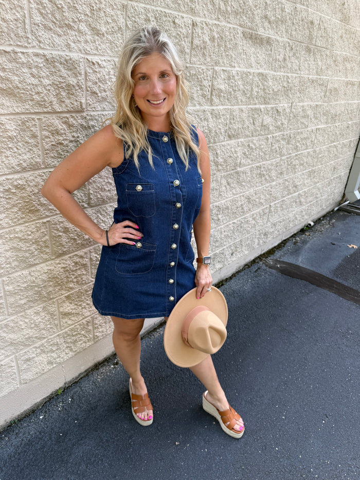 Gold Button Down Sleeveless Denim Mini Dress
