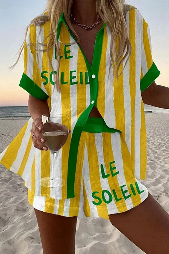 Halora™ | Short linen suit with yellow stripes.