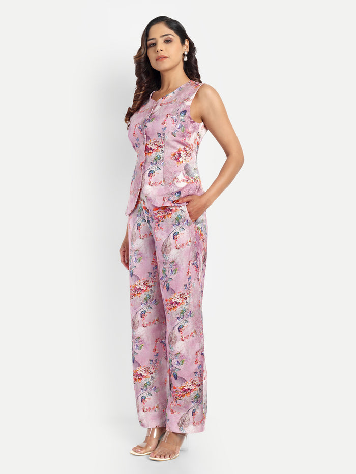 Women’s pink printed Isla jacket CB set with sleeveless jacket and matching straight-fit pants