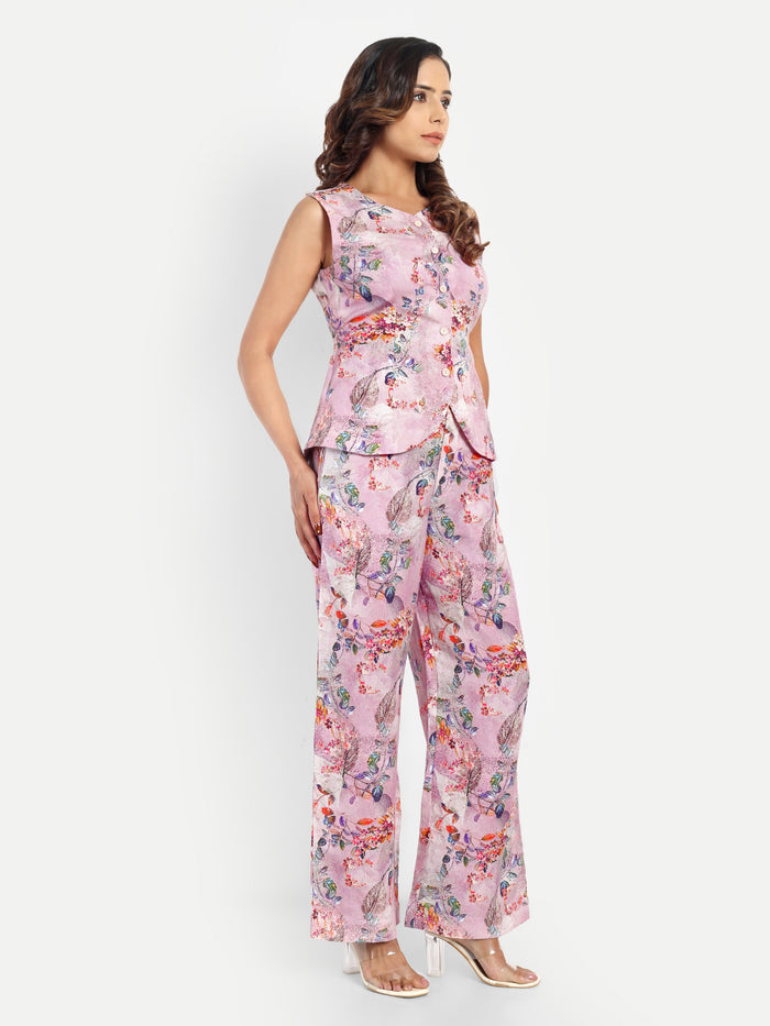 Women’s pink printed Isla jacket CB set with sleeveless jacket and matching straight-fit pants