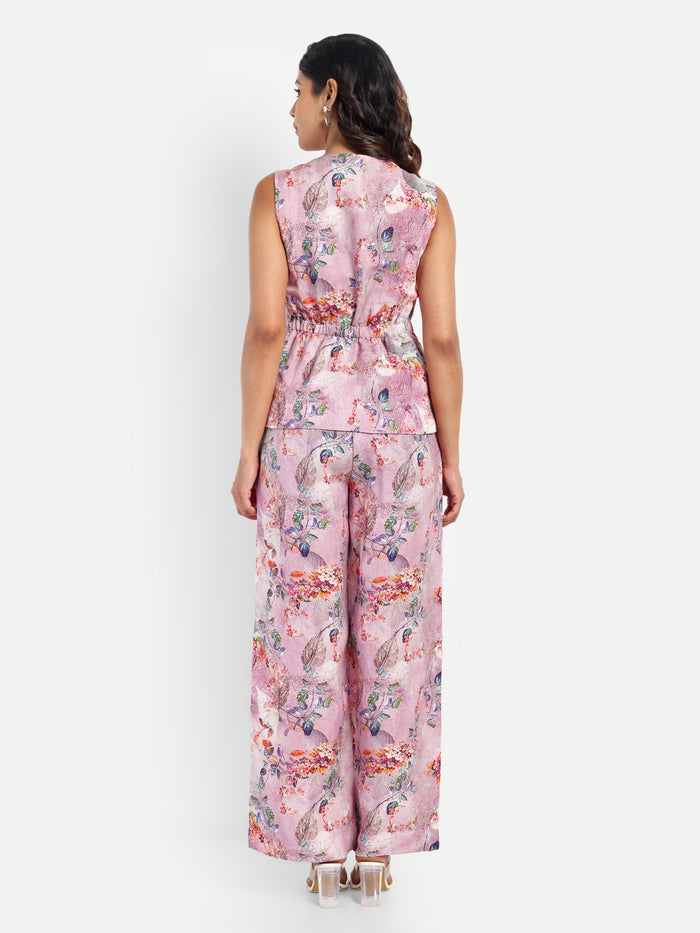 Women’s pink printed Isla jacket CB set with sleeveless jacket and matching straight-fit pants
