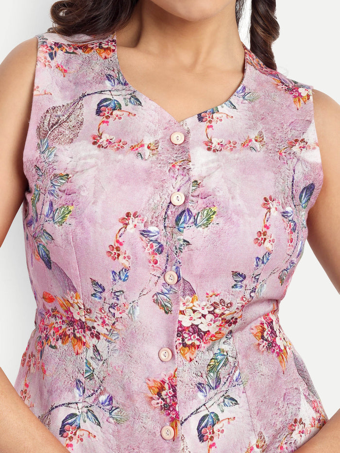 Women’s pink printed Isla jacket CB set with sleeveless jacket and matching straight-fit pants