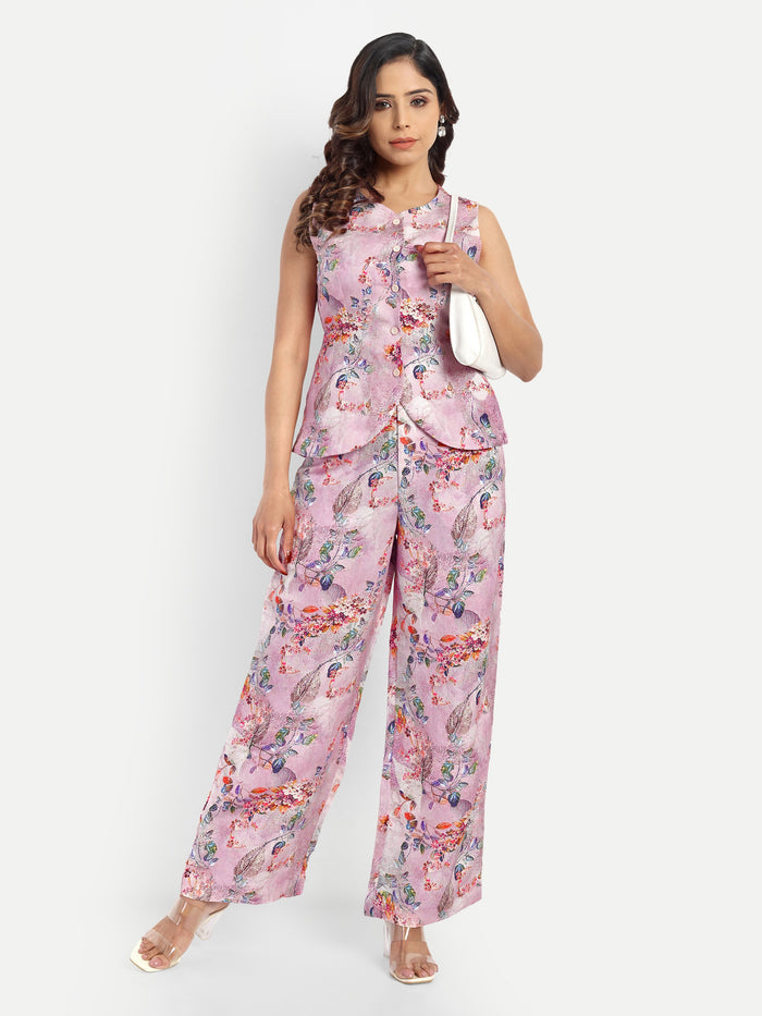 Women’s pink printed Isla jacket CB set with sleeveless jacket and matching straight-fit pants