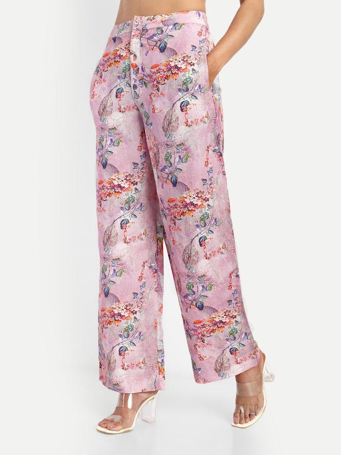 Women’s pink printed Isla pants with straight fit and elegant stylish design