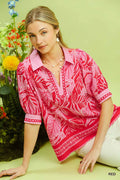 Island Breeze Tropical Leaf Puff Sleeve Blouse