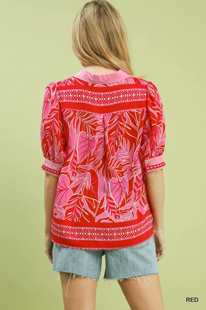 Island Breeze Tropical Leaf Puff Sleeve Blouse