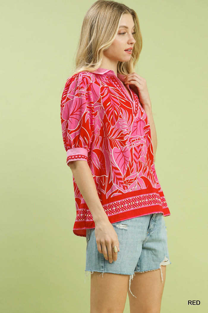 Island Breeze Tropical Leaf Puff Sleeve Blouse