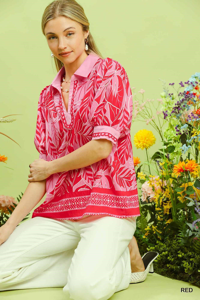 Island Breeze Tropical Leaf Puff Sleeve Blouse