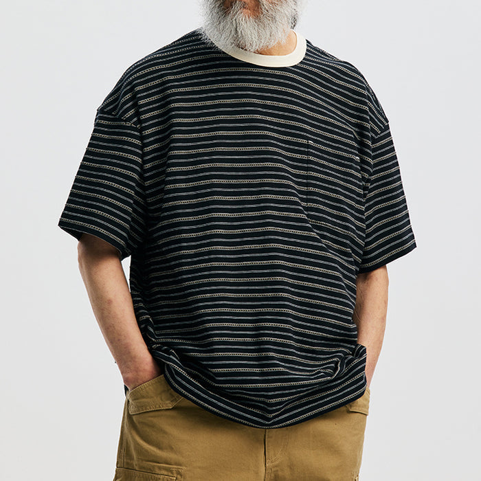 JACQUARD STRIPE HALF T-SHIRT - BLACK
