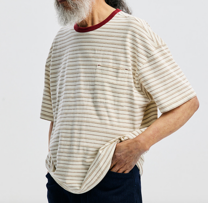 JACQUARD STRIPE HALF T-SHIRT - CREAM
