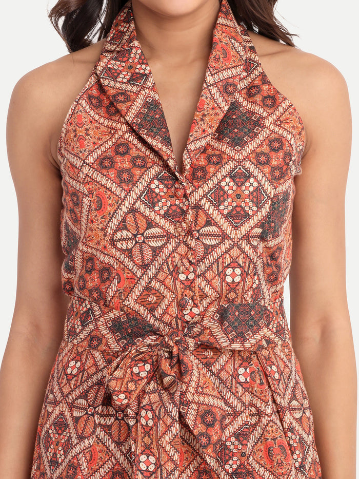 Women’s brown printed Jeni mini dress with sleeveless design and belted waist