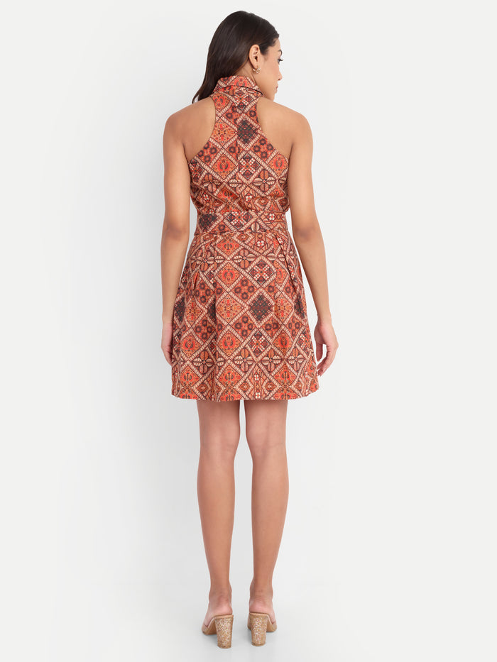 Women’s brown printed Jeni mini dress with sleeveless design and belted waist
