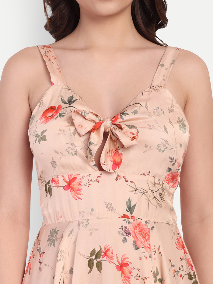 Women’s peach floral Kazo mini dress with sleeveless design and flared fit