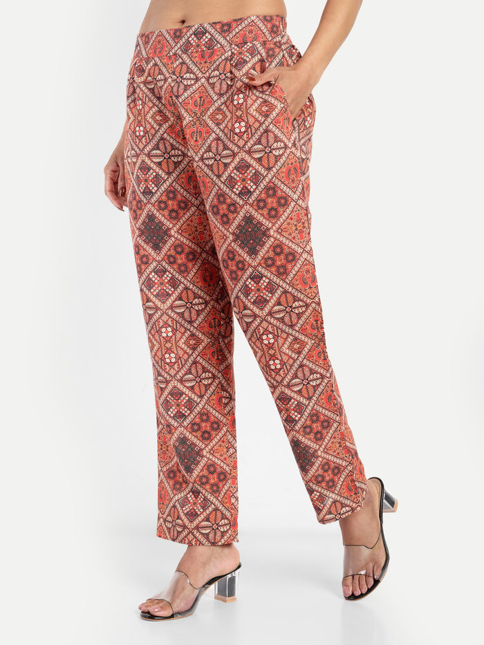 Women’s Red Printed Kedia Pants – Stylish Straight Fit | Trendland