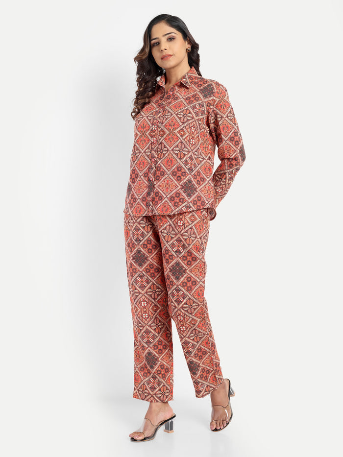 Women’s red printed Kedia shirt CB set with long sleeve shirt and matching pants