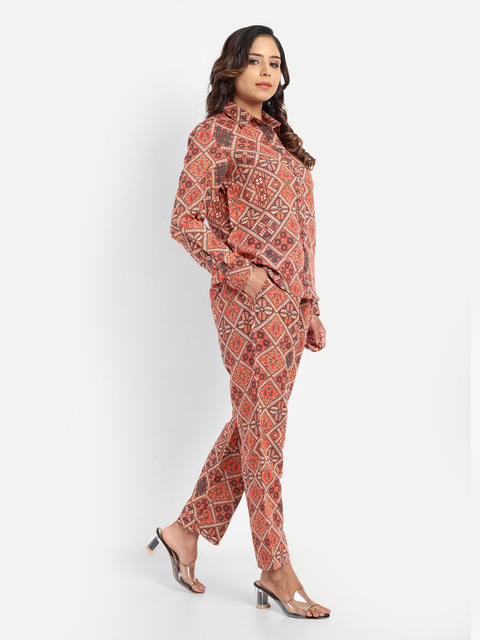 Women’s red printed Kedia shirt CB set with long sleeve shirt and matching pants