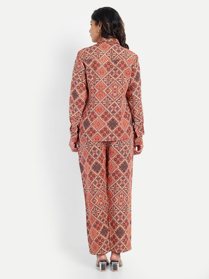 Women’s red printed Kedia shirt CB set with long sleeve shirt and matching pants
