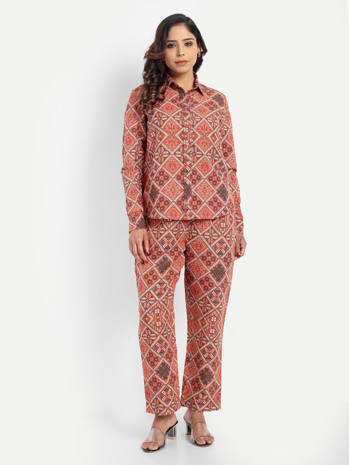Women’s red printed Kedia shirt CB set with long sleeve shirt and matching pants