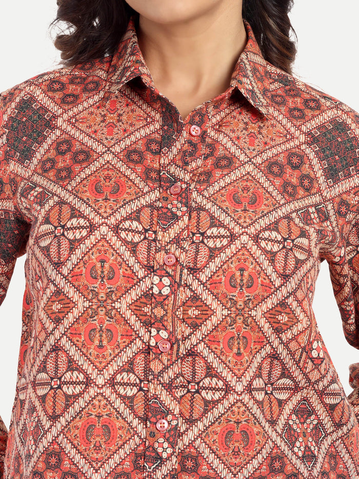 Women’s red printed Kedia shirt CB set with long sleeve shirt and matching pants