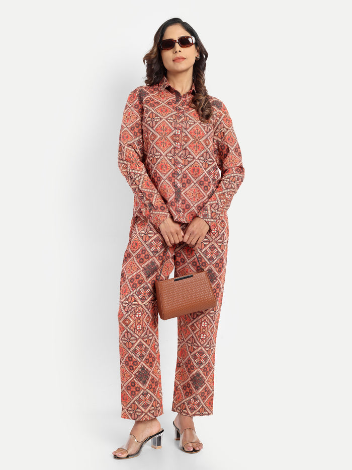 Women’s red printed Kedia shirt CB set with long sleeve shirt and matching pants