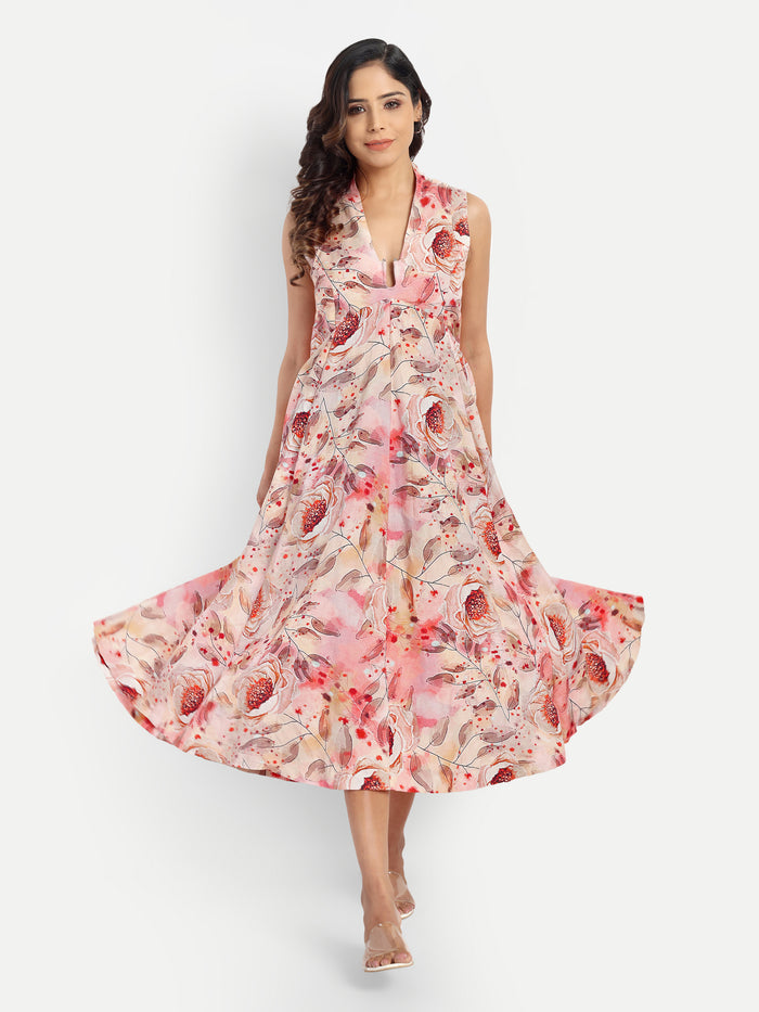 Women’s peach floral Kuku flared midi dress with sleeveless design and flowy silhouette