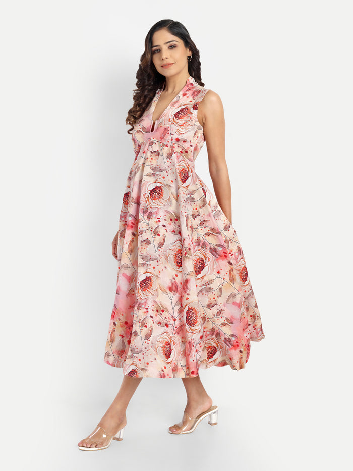 Women’s peach floral Kuku flared midi dress with sleeveless design and flowy silhouette