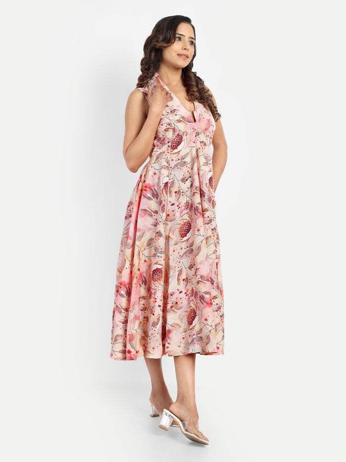 Women’s peach floral Kuku flared midi dress with sleeveless design and flowy silhouette