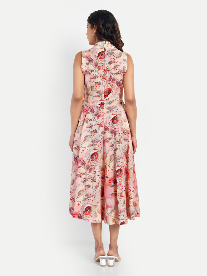 Women’s peach floral Kuku flared midi dress with sleeveless design and flowy silhouette