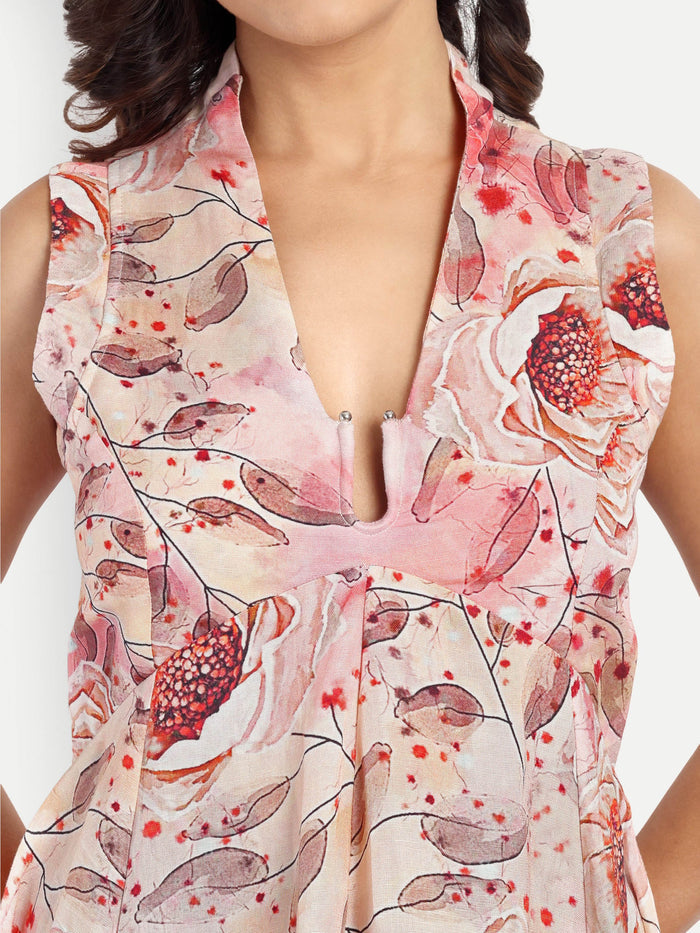 Women’s peach floral Kuku flared midi dress with sleeveless design and flowy silhouette