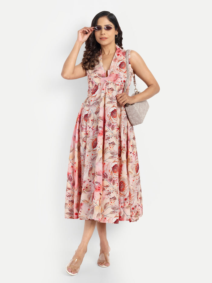 Women’s peach floral Kuku flared midi dress with sleeveless design and flowy silhouette
